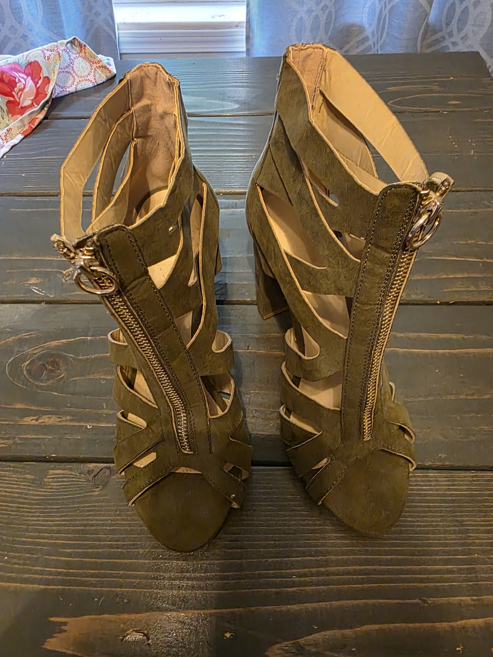 Charlotte Russe Olive Green Strappy Suede Block Heel Sandals with Front Zip